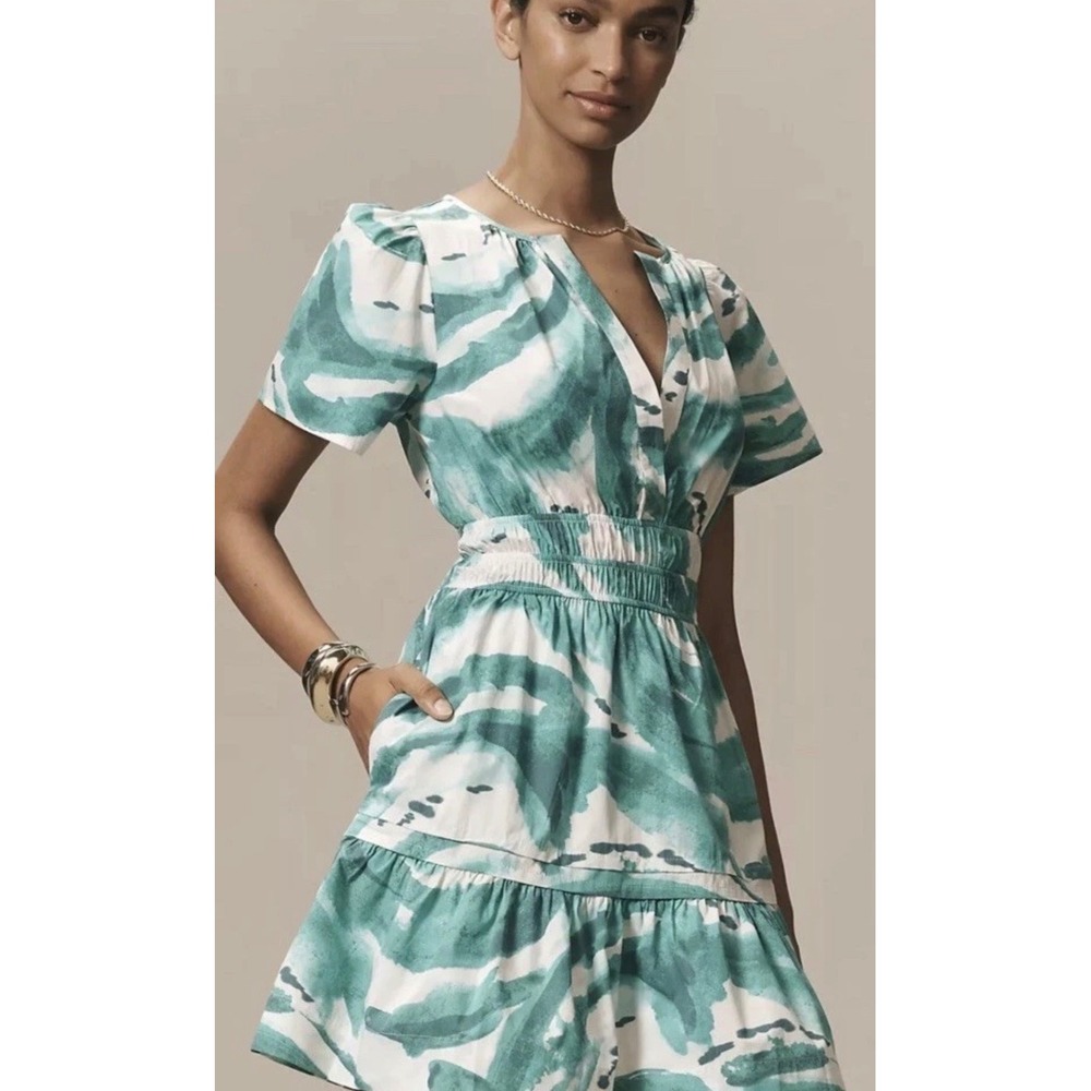 Anthropologie Somerset Mini Dress Turquoise Abstract Puff Sleeve NWT S